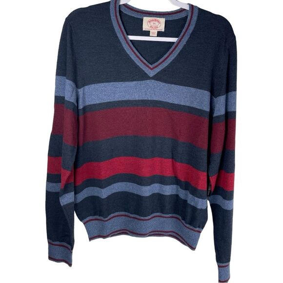 Brooks Brothers Men’s Size Medium Merino Wool Navy Red Striped V-Neck Sweater - Picture 1 of 8